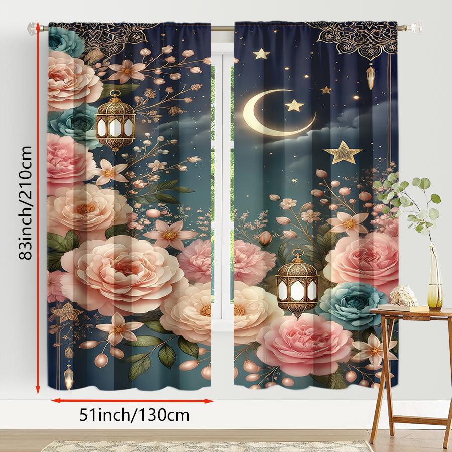 2PCS Deep Blue Starry Moon Lantern Floral Curtains   Festive Style   Bedroom and Living Room   Drawbar Pocket Style