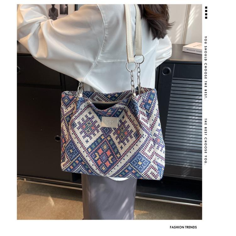 Ethnic Style Large Capacity Commuting Canvas Bag Women's Versatile Single Shoulder Tote Bag