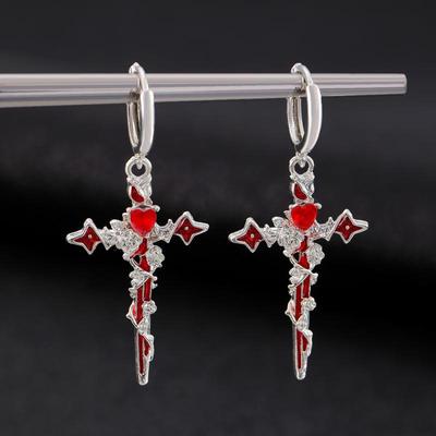 Punk Thorn Dripping Oil Rose Heart Cross Crystal Hoop Earrings for Women Men Goth Charms Geometric Ear Buckle Jewelry Gifts