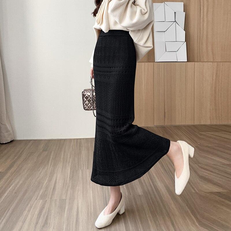 Qooth Dámská krajková dutá tužková sukně Elegantní elastická midi boková sukně pro každou sezónu QT2205