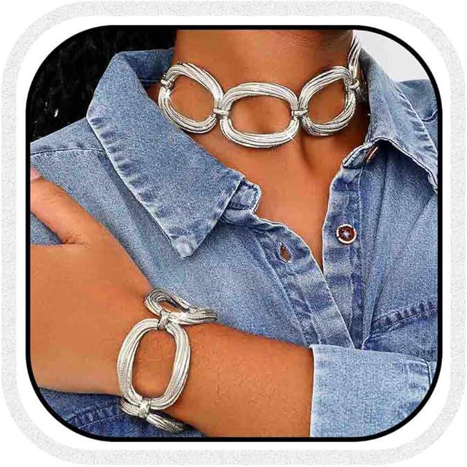 Geometrisches Hohlkreis Schweres Metall Halsketten- und Armbandset für Damen