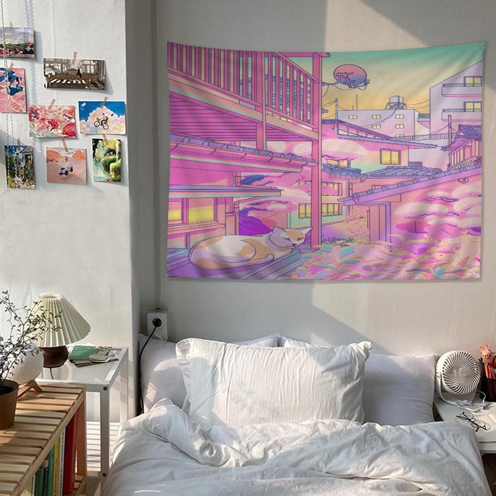 80S Vaporwave Style City Night Street Cat Cartoon Tapestry Wall Hanging Decoration Household Home Decor