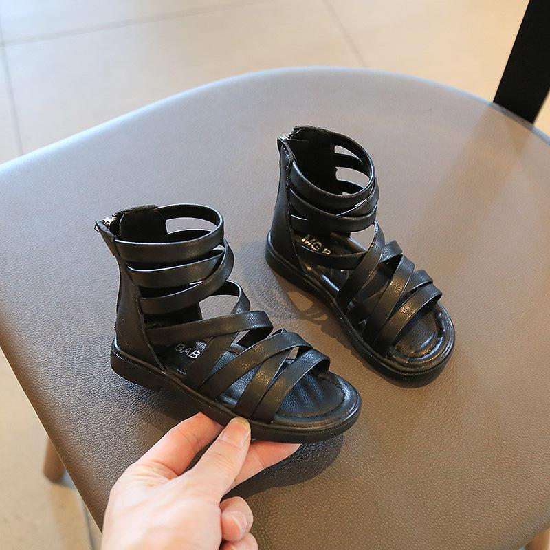 Children Roman Sandals For Girls Baby And Toddler Summer Solid Color Princess Shoes Infant Kids Hightop Open Toe Zip Sandals 23