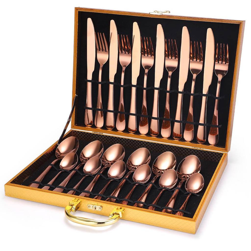 24-Piece Gold Stainless Steel Cutlery Set with Knife, Fork, Spoon & Household Storage Rack In Gift Box