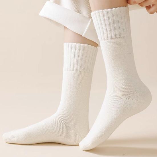 1 Pair Women Winter Socks Solid Color Ribbed Cuffs Thickened Plush Lining Sleeping Socks Autumn Winter Daily Wear