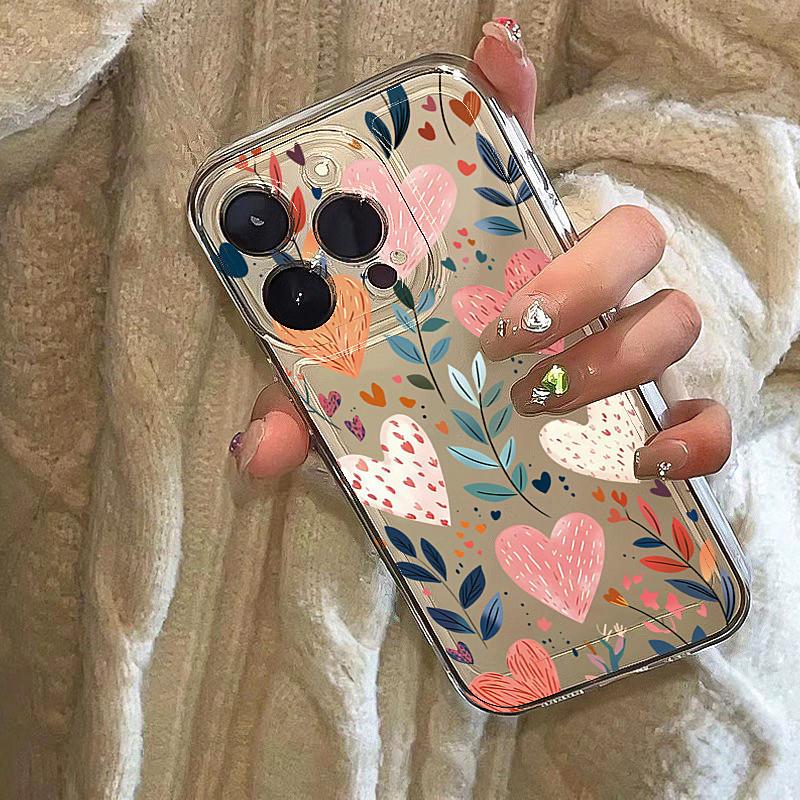 Heart Doodle Floral Art Phone Case for iPhone 17 16 15 14 13 12 11 Series Pro Max Plus Double Layer Protection
