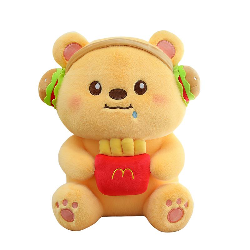 Large cartoon Internet celebrity plush toy hamburger fries bear cute doll wearing headphones soft and cute little yellow bear pillow