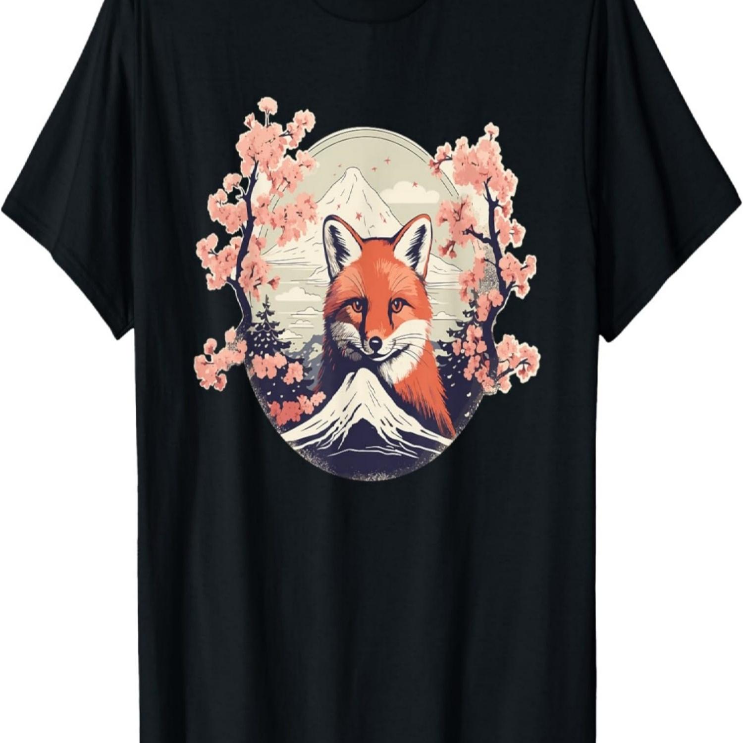 Red Fox Mount Fuji Cherry Blossom  Art Sakura T-Shirt(2) S чёрный