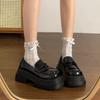 French Black Platform Heightening Loafers Women's 2025 Spring New Versatile One-pedal College Style Small Leather Shoes