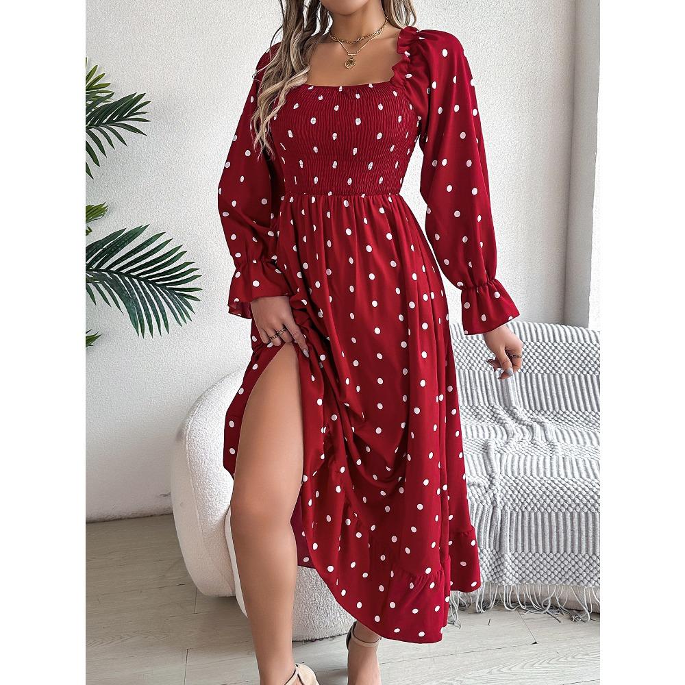 Rochie de damă cu mânecă lungă, casual, cu cercei din lemn, cu gât pătrat, cu buline, cloș, rochie lungă