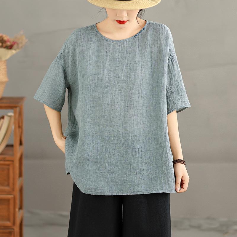 

Real Shot Summer Lightweight Color-Woven Pleated Shirt: Comfortable Cotton-Linen, Round Neck, Three Colors, Loose Fit L