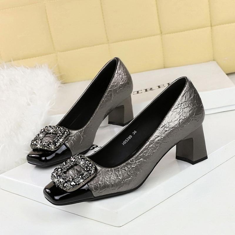 Fashion Banquet Thick Heel Women's Shoes Color-Blocked Square Toe Light Mouth Sparkling Metal Buckle High Heels Single Shoes