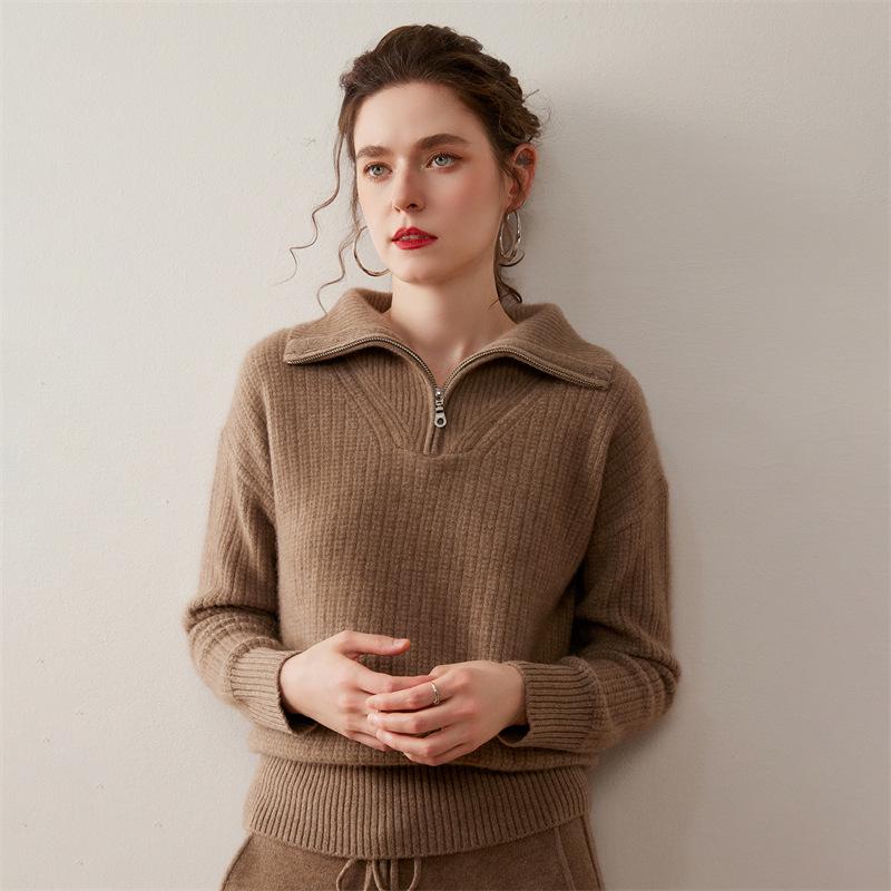 Women's Cashmere Lapel Knitwear: Autumn/Winter Half-Zip Loose Pullover, Versatile Lazy Style Top.