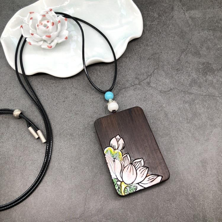 Retro Literary and Artistic Ebony Hand-painted Necklace Zen Elegant and Versatile Men's and Women's Personalized Sweater Chain Pendant Accessories