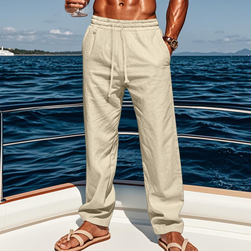Men's Linen Casual Straight Leg Pants Loose Fit Breathable Summer Beach Trousers for