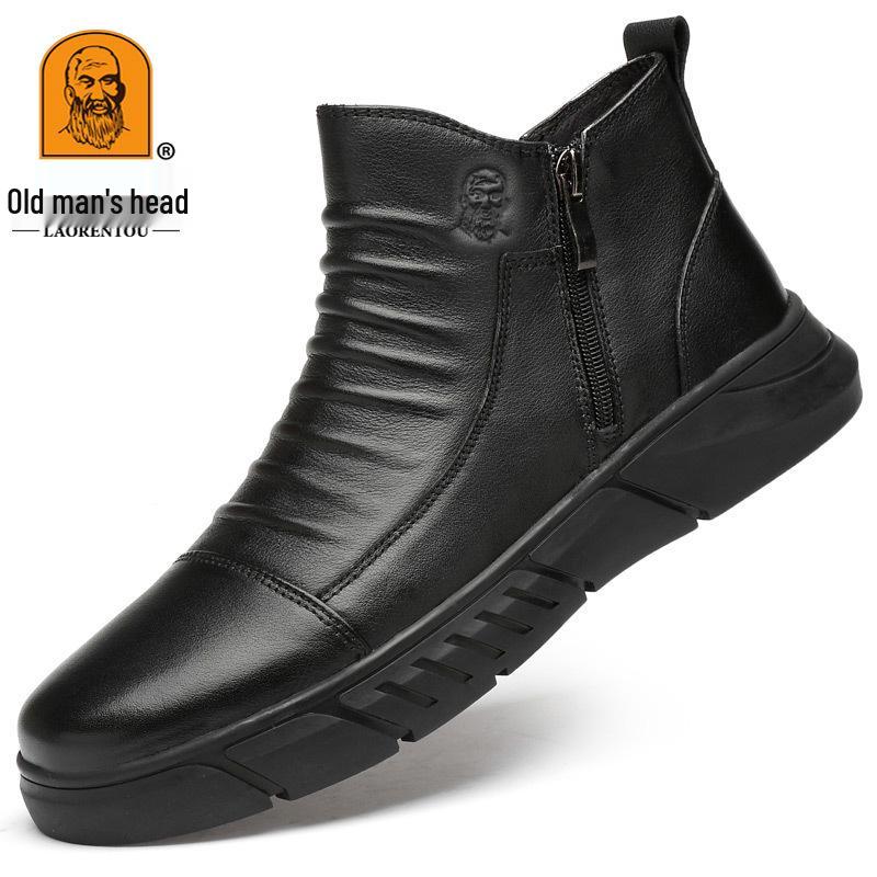 Men s Large Size Leather Warm Zip Snow Boots - Mid-Calf, Velvet-Lined, Thick Sole, Casual, Fashionable 43