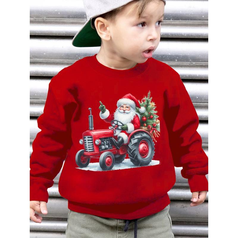 Christmas-Themed Boys' Autumn And Winter Stylish Fleece Round-Neck Sweatshirt Featuring a Loose Fit with a Cartoon Santa Claus Driving