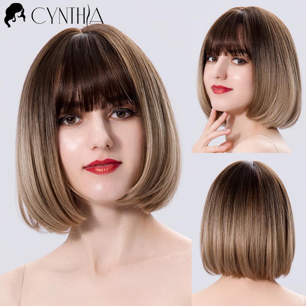 Green Short Bob Hair Synthetic Wig For Woman With Bangs Blonde Ombre Pink Cosplay Lolita Party Heat Resistant Daily Natural Hair