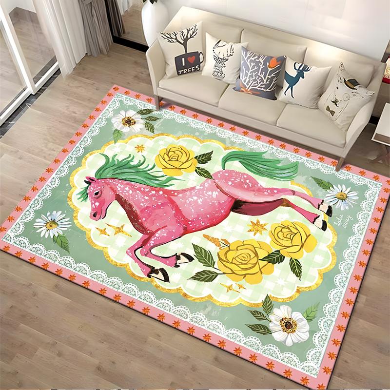 Pink Horse and Yellow Roses Printed Carpet with Floral Green Border Suitable for Use As an Anti-slip for Living Room Bedroom Sofas