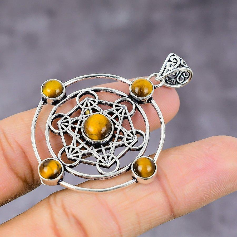 Natural Tiger Eye Gemstone Handmade 925 Sterling Silver Pendant 2.17" T6b41