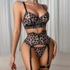 Women'S 3 Pieces Set Exquisite Leopard Lace Embroidery Lingerie Sets  Sexy Erotic Costumes See Through Bra Panty With Garters