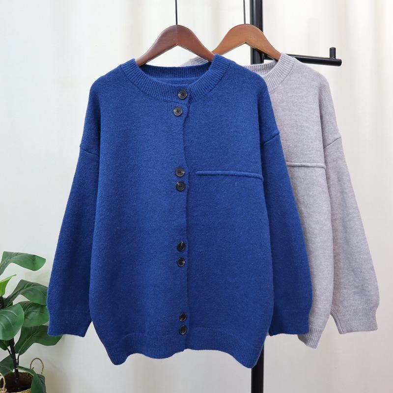 Gray Loose Lazy Wind Knitted Cardigan Women's Autumn and Winter Soft Waxy Sweater Jacket Design Top
