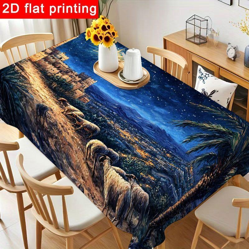 1pc Serene Night Scene Nativity Tablecloth - Elegant Polyester Table Cover with Peaceful Grazing Sheep, Perfect for Holiday Gatherings, Reusable And E
