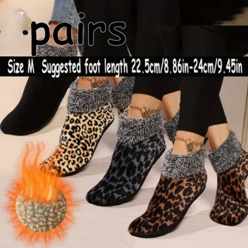 Women's Winter Warm Fleece Leopard Pattern Ankle Socks - Comfortable Indoor and Outdoor, Animal Pattern Home Casual Socks, Soft and Warm Floor Socks