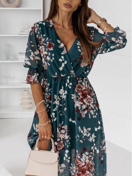 Europäisches & Amerikanisches Damen V-Ausschnitt Blumen Chiffon Kleid - Figurbetont mit Seitenschlitz, 2026 Kollektion