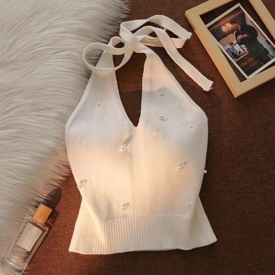 Women Tops Halter Neck Beaded Faux Pearls Camisole Soft Stretchy Loose Fit Solid Color Knitting Tops Work Party Wear