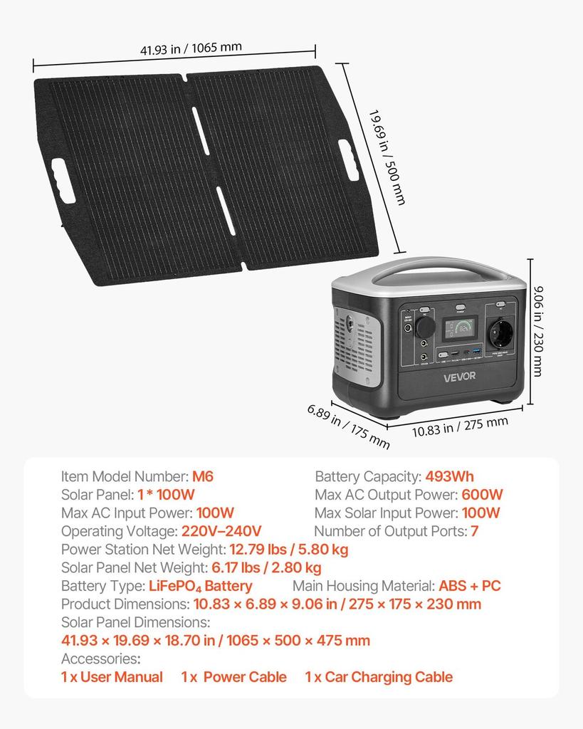 Przenośna stacja zasilania z panelem słonecznym 100W, Generator słoneczny stacja zasilania 600W, Zasilanie awaryjne 493Wh z baterią LiFePO4 z 7 portami wyjściowymi do domu,