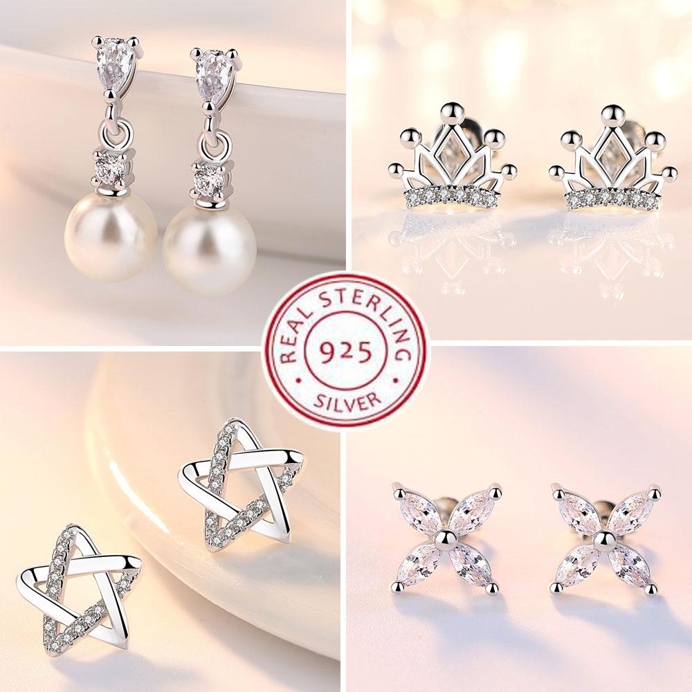 925 Silver Women Hoop Earrings Fashion Pendientes Gift for Female Girl Sparkling Pave CZ U Heart Shape Star Moon Earring E007