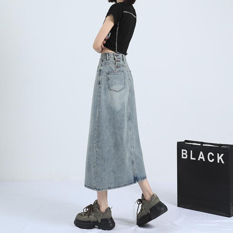 

Осенняя юбка миди из ретро-голубого денима с высокой посадкой и разрезом на трех пуговицах Extra Small