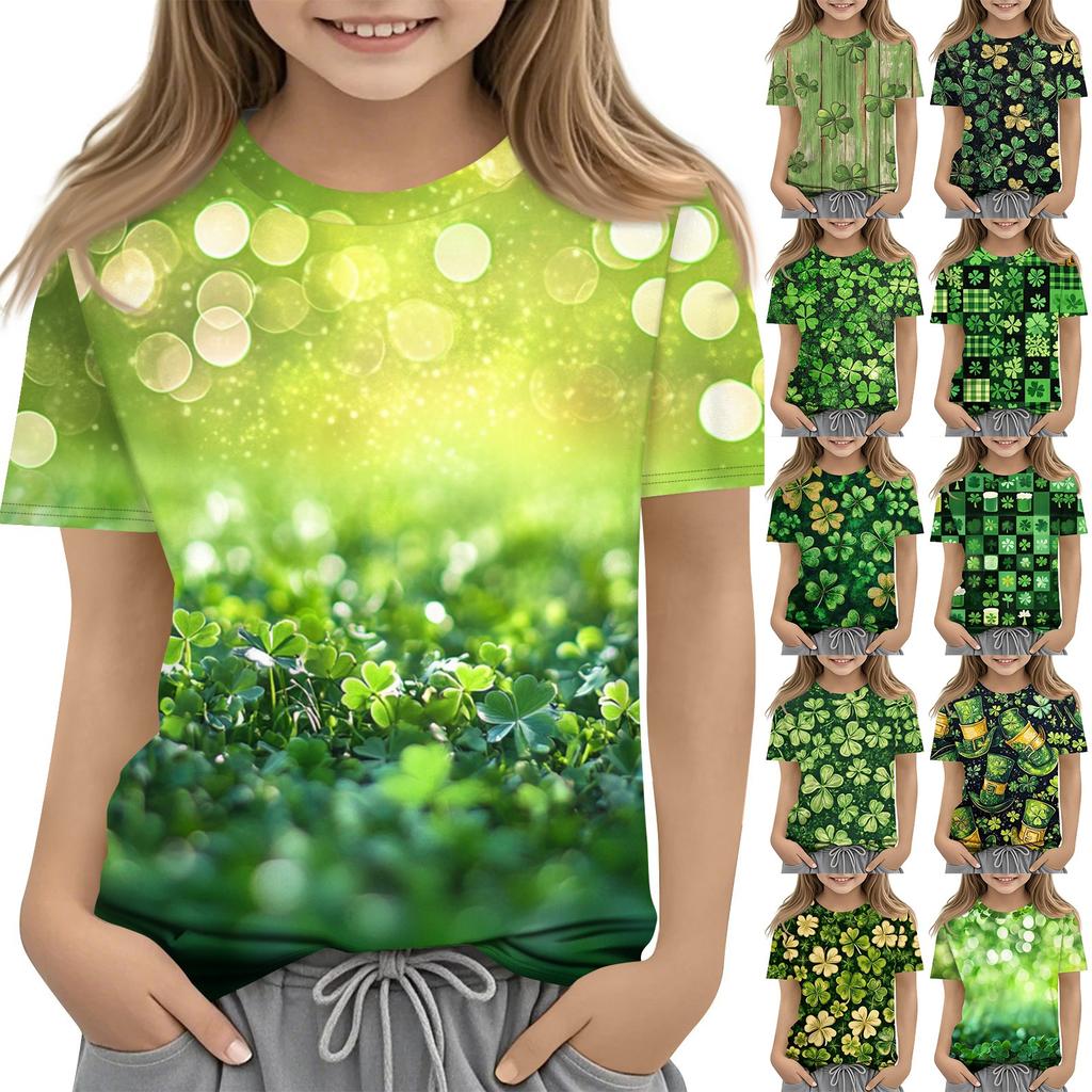 Children's Fashion Casual Short-sleeved St. Patrick Print Crew-neck T-shirt Top