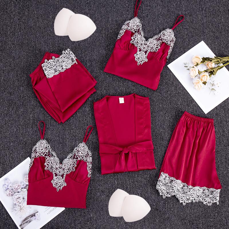 Yao Ting Satin Chiffon Five-Piece Pajama Set: Ice Silk, Casual, Sexy, with Chest Pads for Spring/Summer