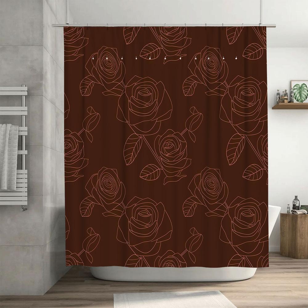Luxury Waterproof Shower Curtain Extra Long Bath Decor with Brown Floral Print Red Ruffled Edges for Bathroom Renovations 72 x 8