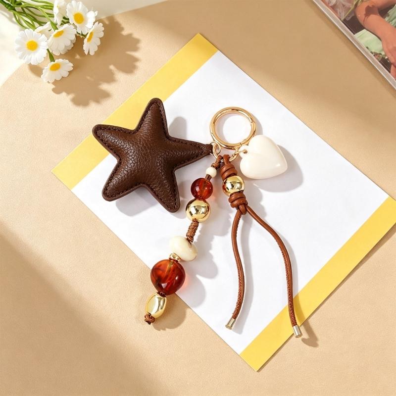 Bag Charm Keychain With Star Pendant Beaded Cord and Gold Tone Detail for Keys Daily Bags Purse Decoration and Daily Carry Styling Use