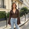 V-neck pleated top women's long-sleeved big horn sleeves European and American retro babes commuting slim-fitting and thin short bottoming shirt