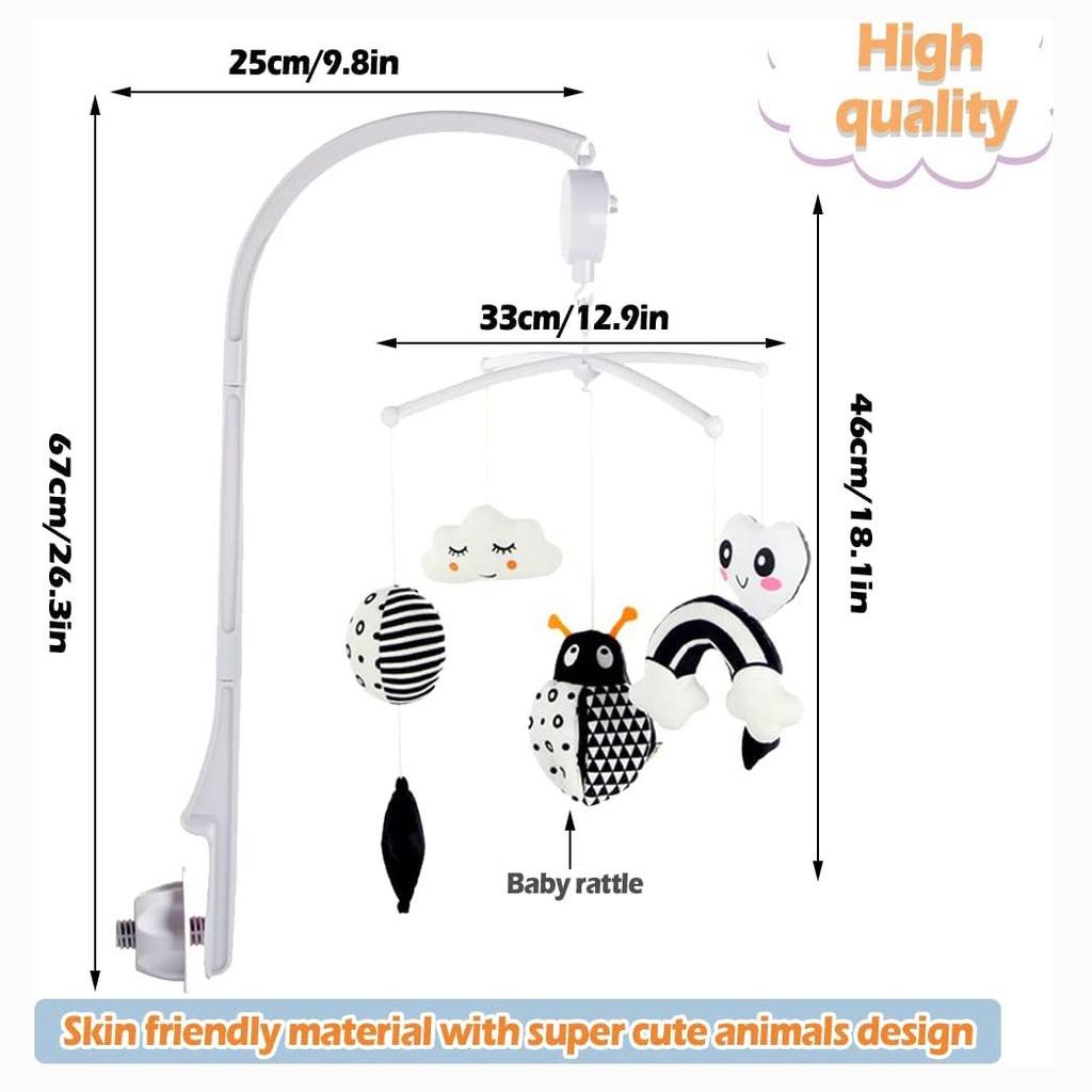 Baby Crib Mobile for Crib with Hanging Rotating Toys, Nursery Mobile with Music Box, Black and White Mobile for Baby Newborns 0-24 Months