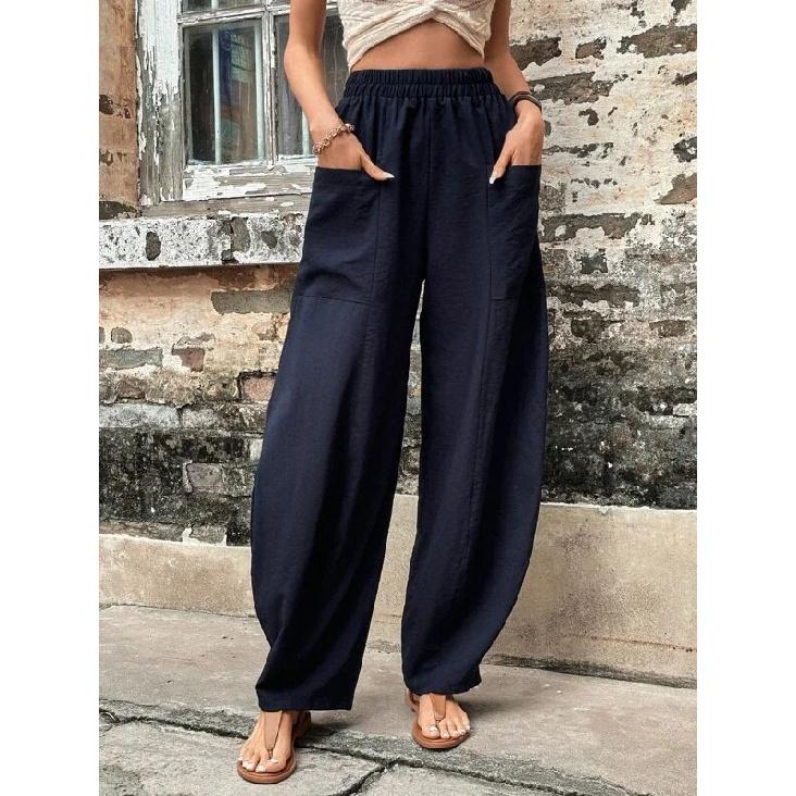 Women's Solid Color Pocket Casual Pants, Elastic Waist Long Trousers