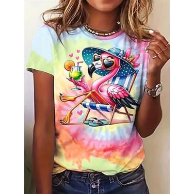 T-shirt Femme Animal Tie Dye Décontracté Manches Courtes Col Rond Coupe Standard Hauts Imprimé Quotidien Rose Été