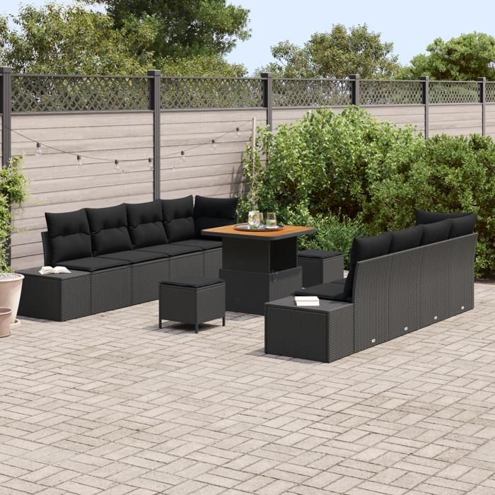 VidaXL Ensemble de canapé de jardin 11 pièces avec coussins noir poly rattan acacia 3362754