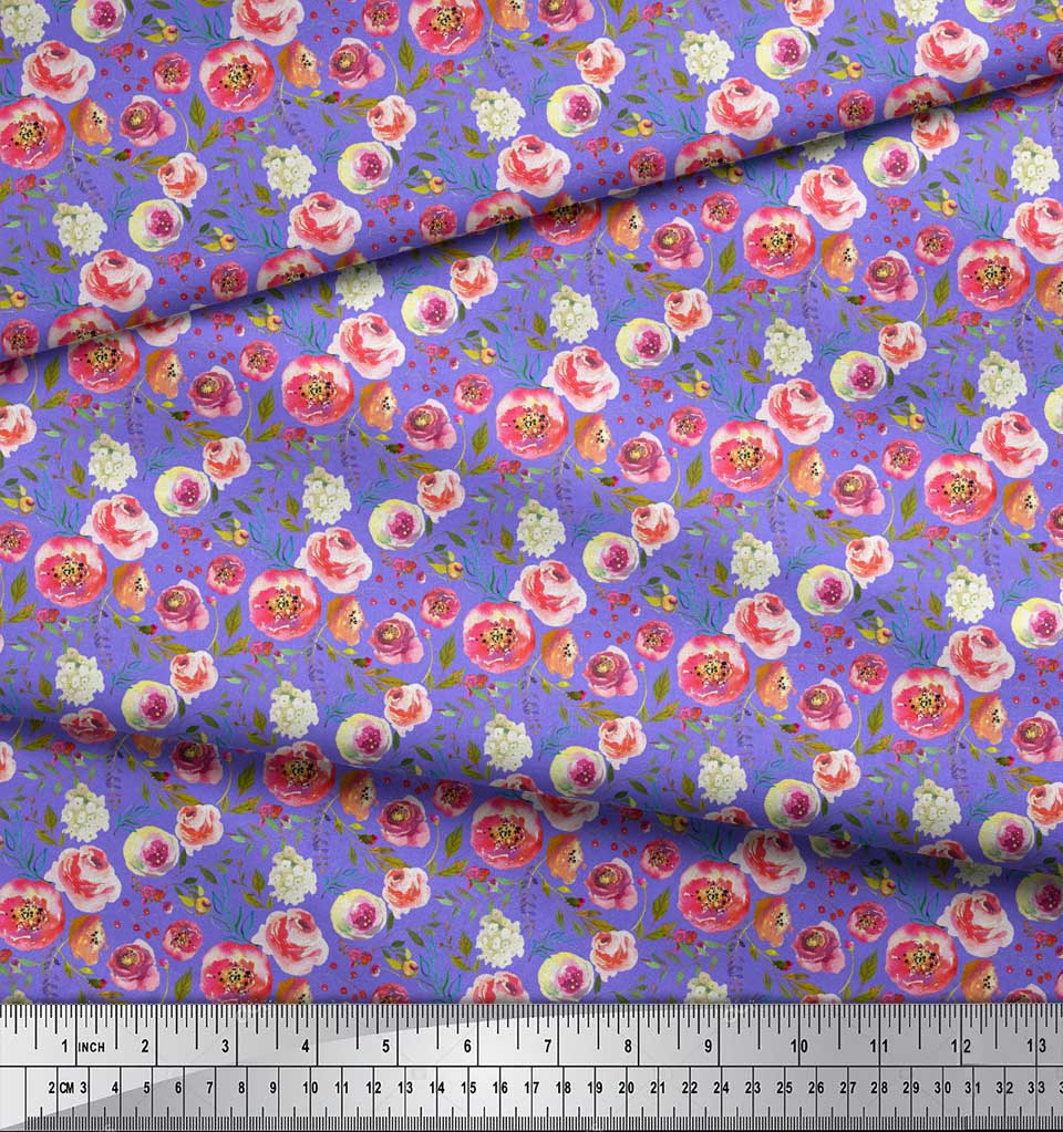 Soimoi Fioletowa japońska krepa satynowa tkanina kwiaty i liście dekoracja akwarelowa tkanina drukowana na metry 42 cale