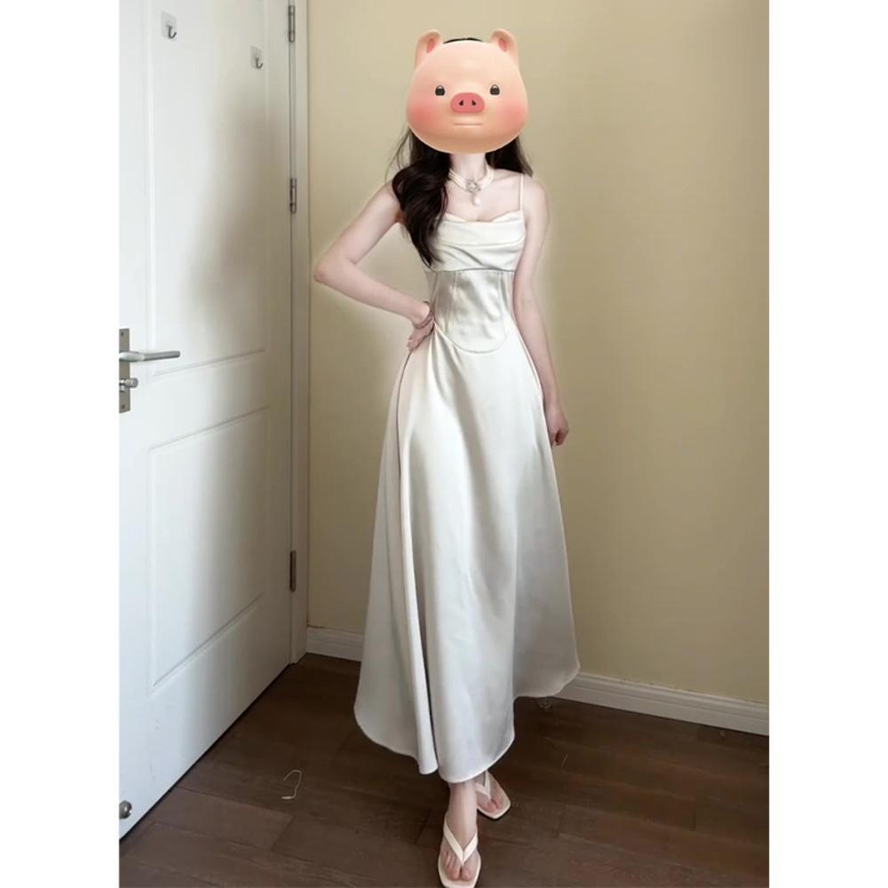 Temperament Satin Swing Neck Suspender Dress, Summer New Slim-fitting Waist Slim Dress Skirt