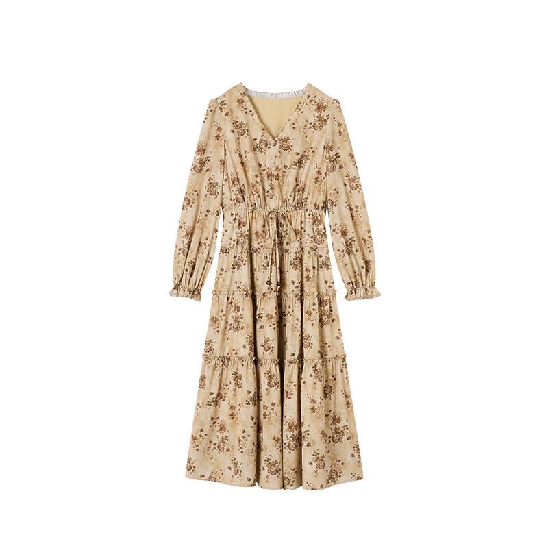 Xiangying French V-Neck Floral Puff Sleeve Dress