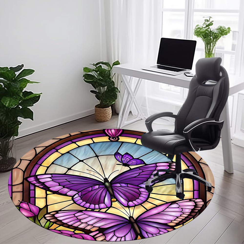 1pc Butterfly StainedGlass Office Round Area Rug,  Mat Suitable ForOffice, Under Office Chairs Bedroom Living Room Home Decor, Room Deco