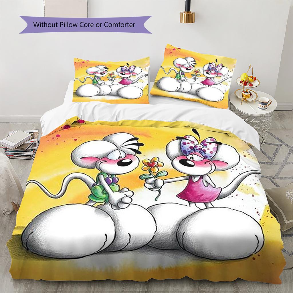 Diddl Pattern Bedding,Quilt Set Quilt Cover Pillowcase Home Birthday Gift (1 * Duvet Cover + 2 * Pillowcase, Without Core)