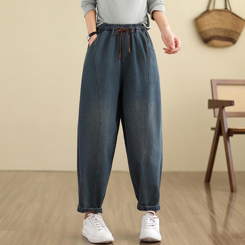 Wash Spliced Denim Pants Autumn All Match Loose Casual Harem Pants for Women Summer High Waist Blue Jeans 2025