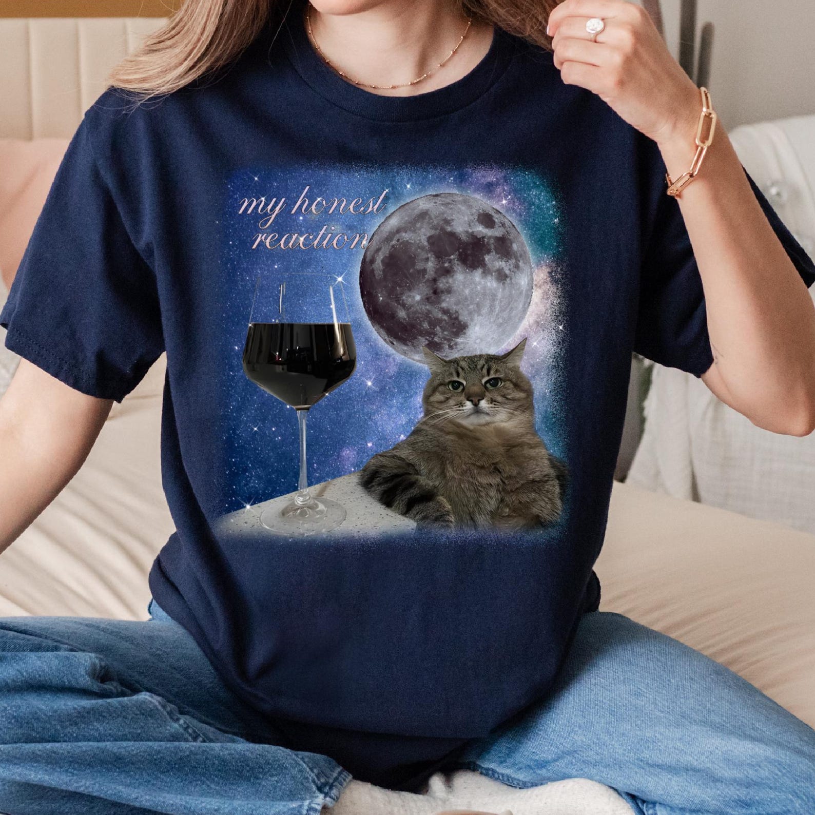 My honest reaction Funny Cat Meme Tee Shirt Gift for Woman and Man, Silly Cats T shirt, Ironic Shirts, Stupid Joke Gifts, Cat Wine Meme Tees 3XL