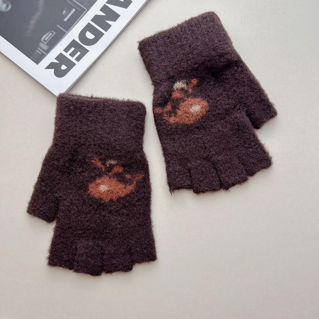 Winter warm thickened half-finger gloves Japanese cute cartoon whale picture velvet touch screen knitted wool gloves